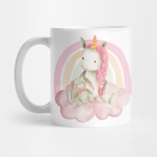 Cute pink baby unicorn with her favourite bunny toy sitting on a fluffy pink cloud Mug